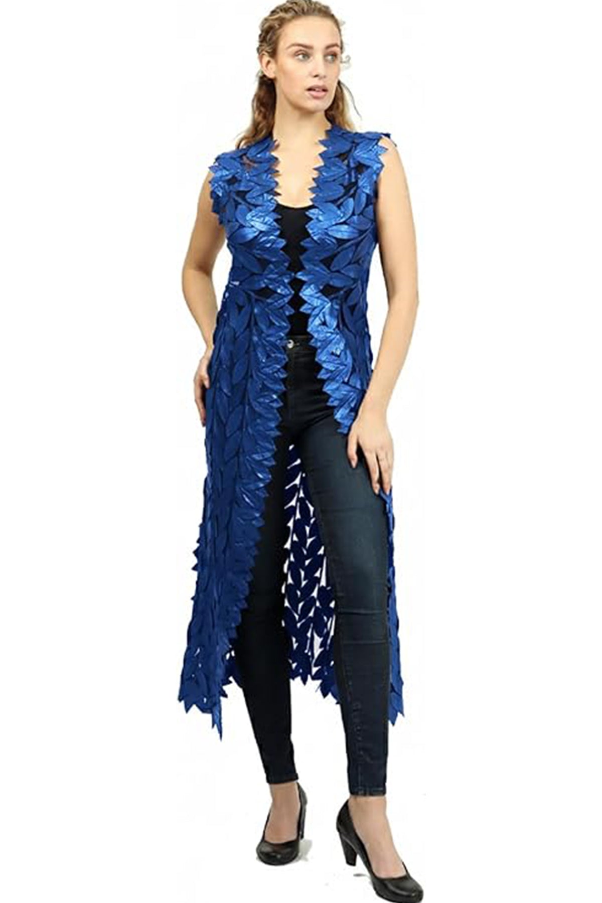 Zamback Leaf Design Handmade Leather Maxi Vest Gilet