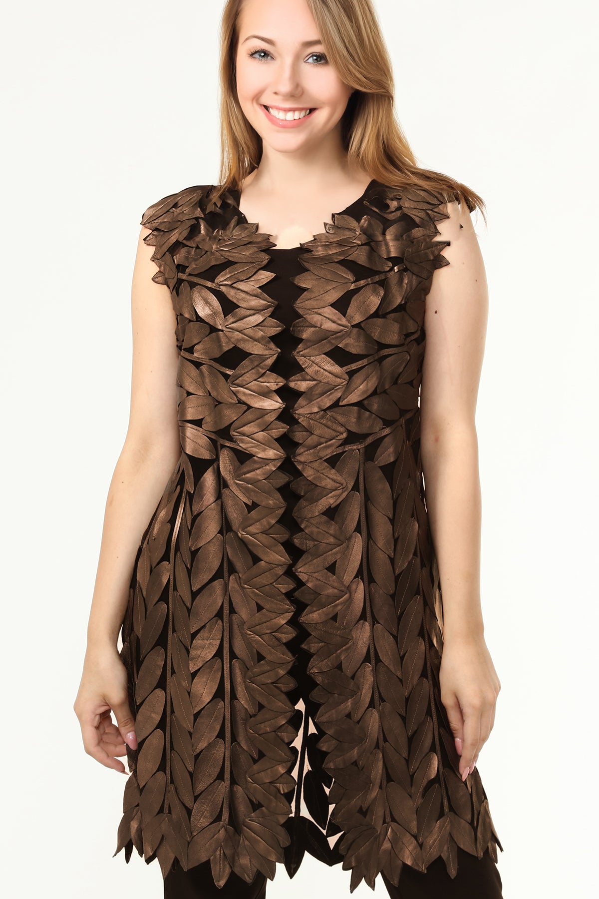 Zamback Leaf Design Handmade Leather Midi Vest Gilet