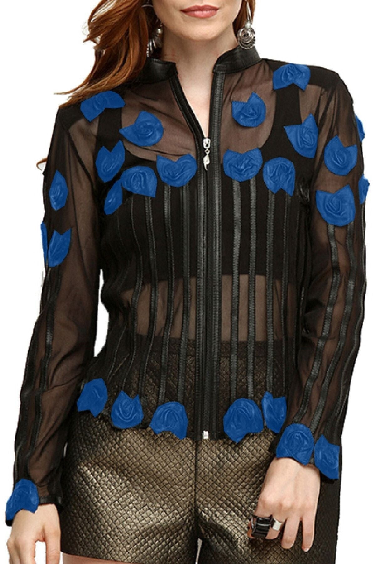 Rosalinda Mesh Jacket - Rose shaped appliqued Leather Pieces