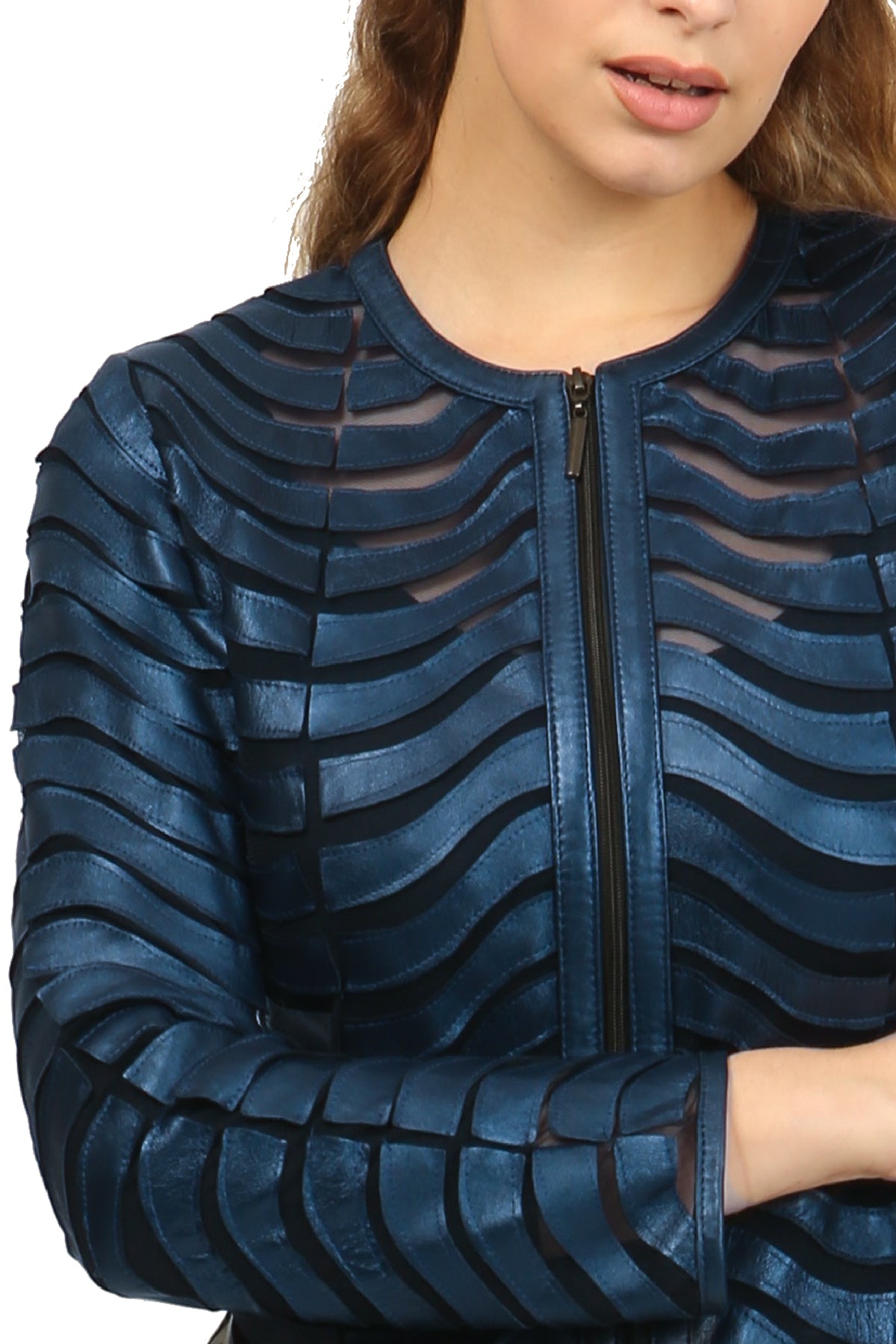 Women's Genuine Lambskin Leather Applique Mesh Jacket Made by Handmade