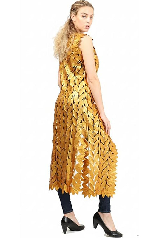 Zamback Leaf Design Handmade Leather Maxi Vest Gilet