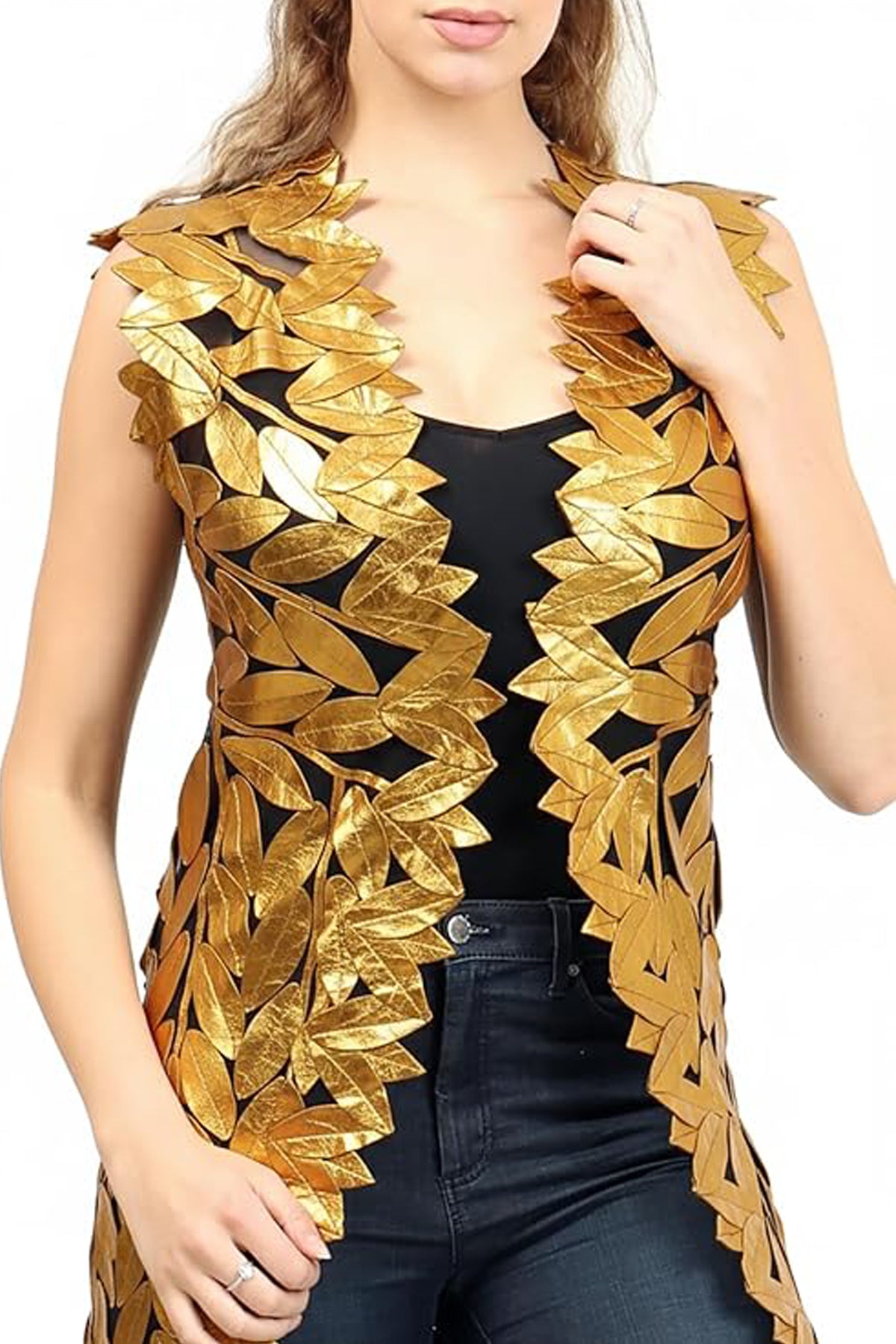 Zamback Leaf Design Handmade Leather Maxi Vest Gilet