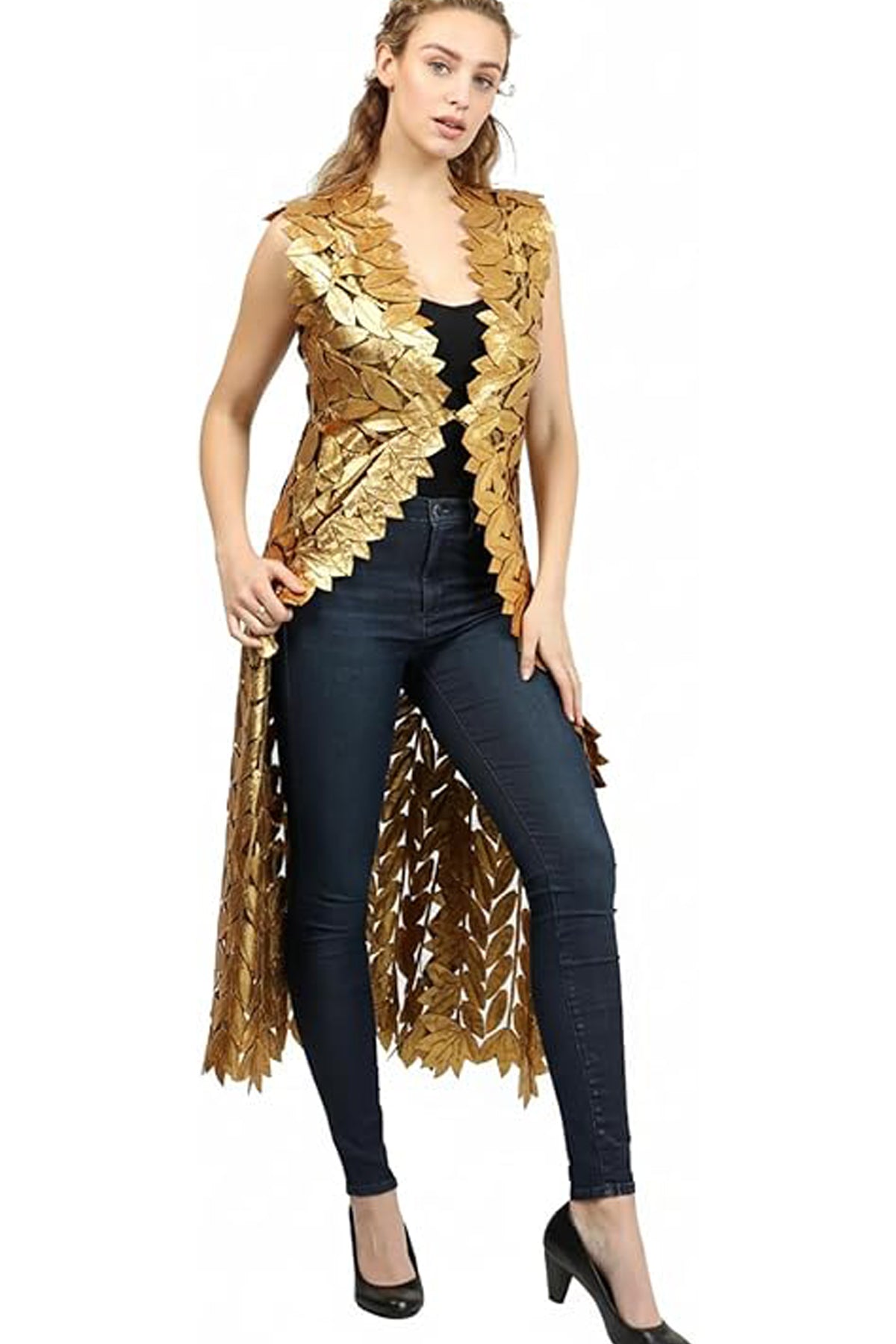 Zamback Leaf Design Handmade Leather Maxi Vest Gilet