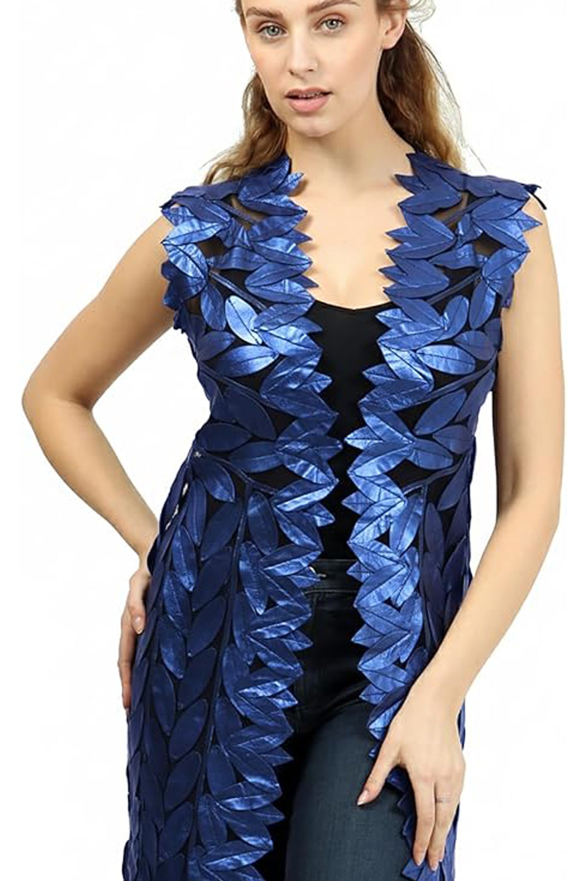 Zamback Leaf Design Handmade Leather Maxi Vest Gilet