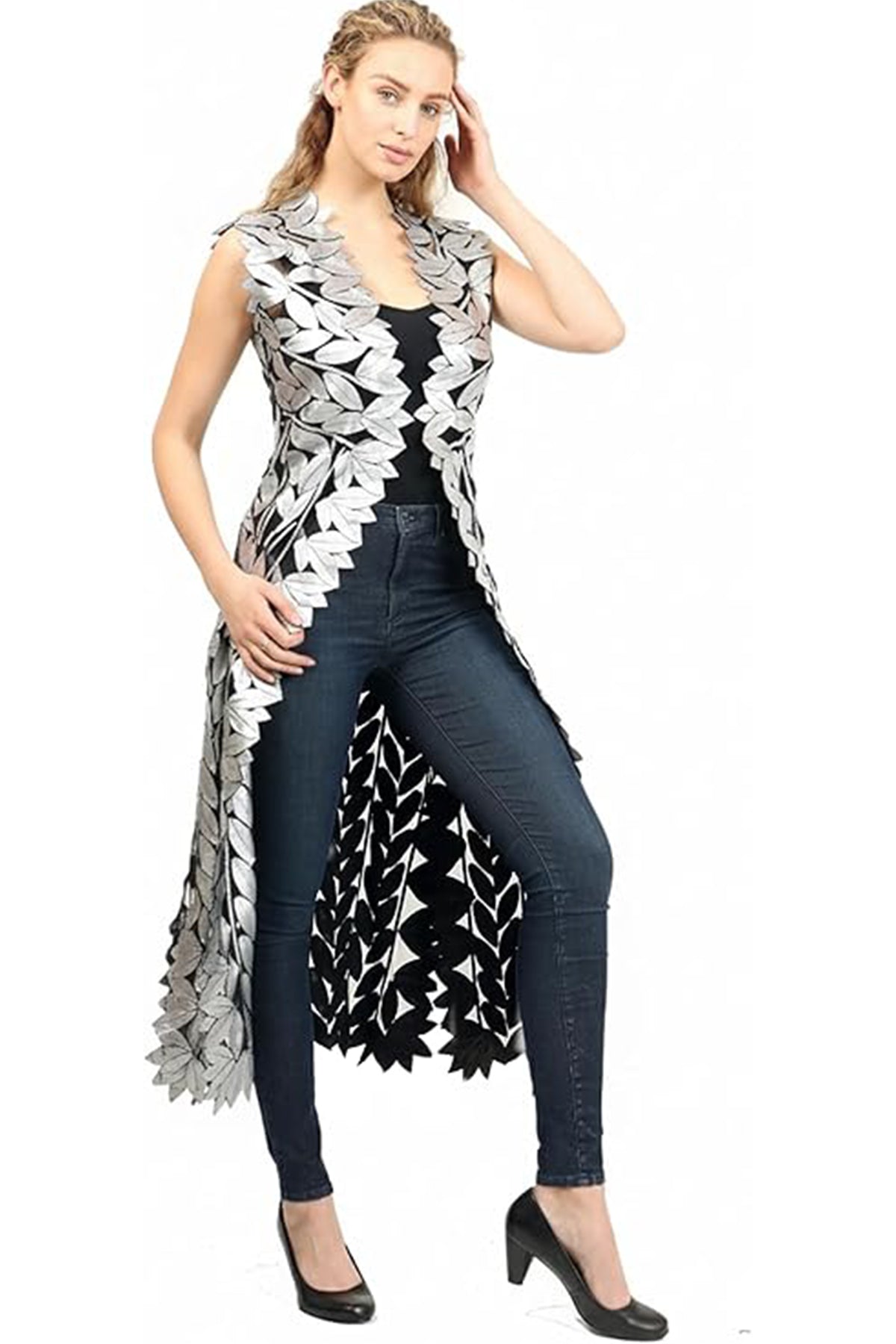Zamback Leaf Design Handmade Leather Maxi Vest Gilet