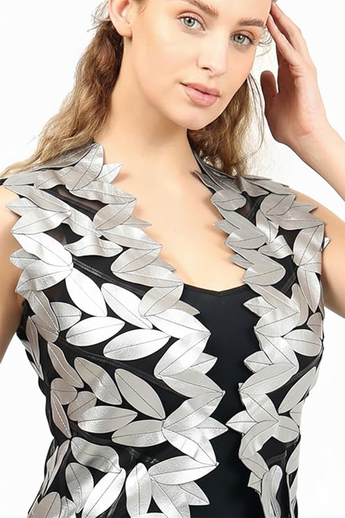 Zamback Leaf Design Handmade Leather Maxi Vest Gilet